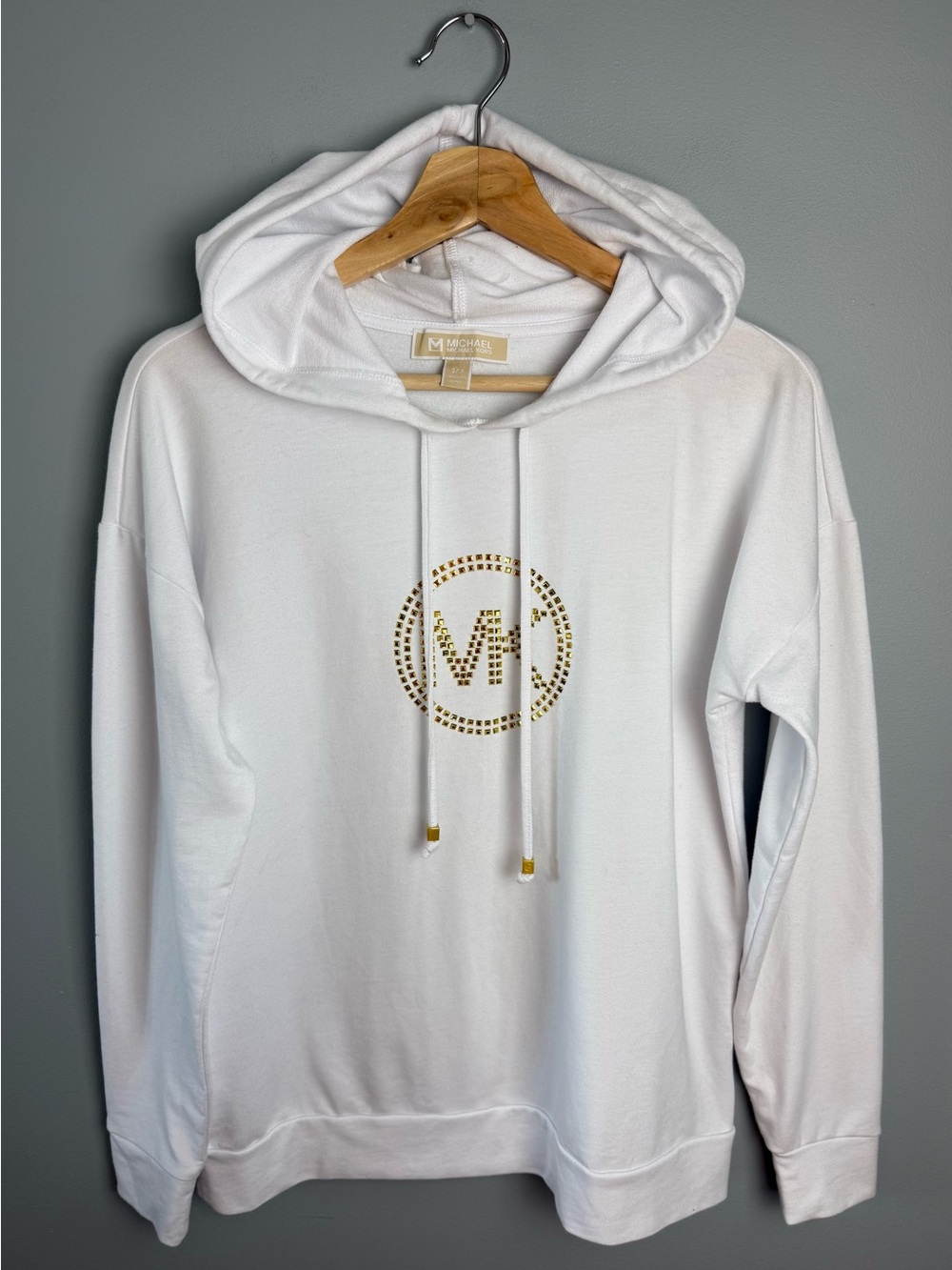 Michael Kors White Hoodie Sweater with Gold Stud MK Logo